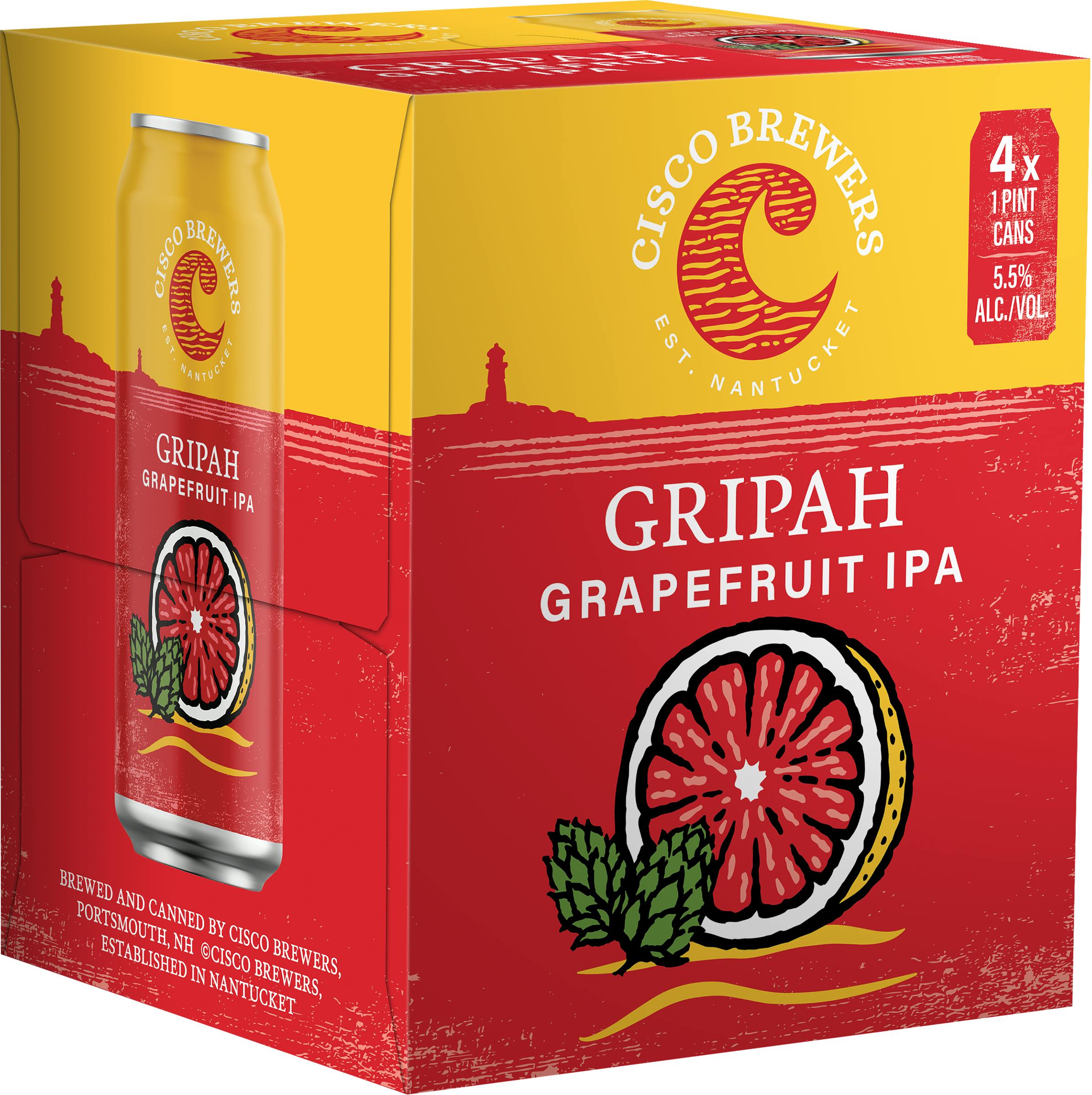 Cisco Brewers Gripah Grapefruit IPA 4 pack 16 oz. Can Yankee Spirits